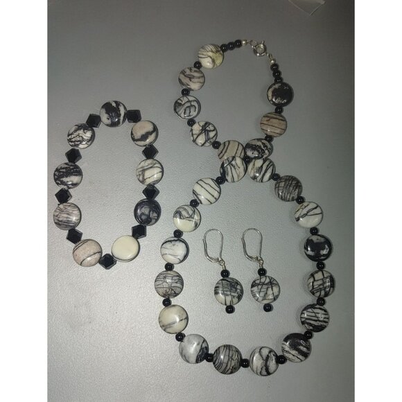 Spider Web Jasper Tourmaline Jewelry Set Black White Beaded Necklace Bracelet an - Picture 12 of 13